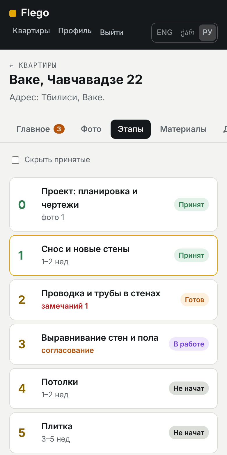 Журнал Flego на телефоне: этапы ремонта квартиры и их статусы